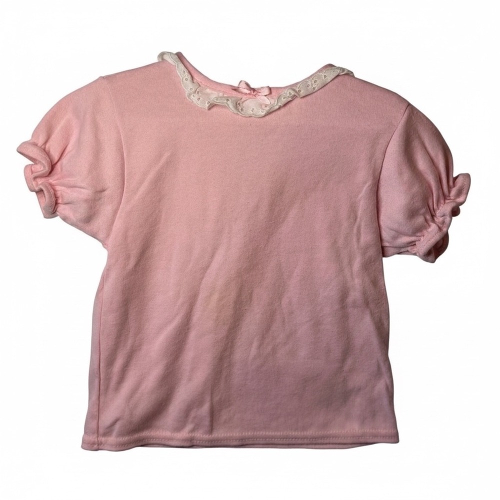 VTG Lee Shirt Pink 90s Girls Lace Collar Bow Puff Sleeve USA Made Cotton Tee 3T